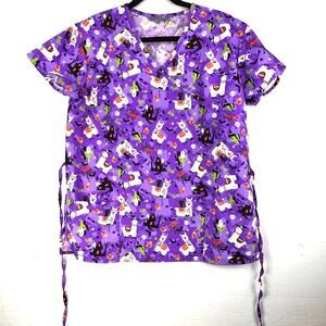 Wear for Care Scrubs Top Womens Medium- Halloween LLama Spooky Short Sleeve
